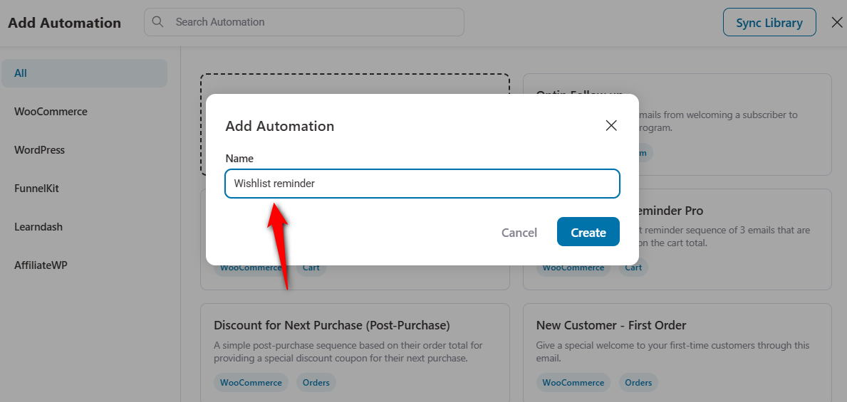 Go to FunnelKit Automations ⇨ Automations and click 'Create Automation'. Choose Start from Scratch, name your automation, and hit Create. 