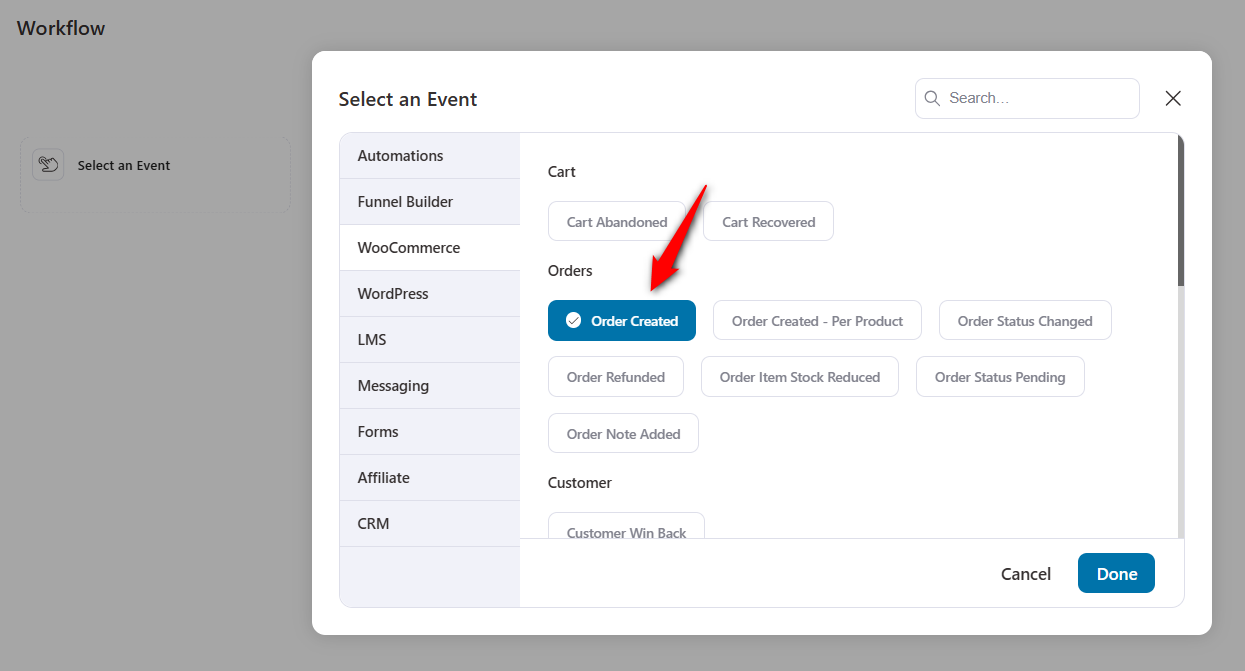 In FunnelKit Automations, create a new automation with the WooCommerce Order Created trigger.