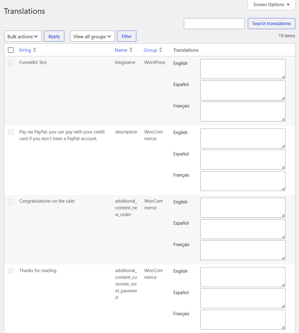 Finally, sweep up leftover text from your theme or other plugins under Languages ⇨ Translations. This strings table includes items such as your site tagline, widget titles, and custom checkout notices.