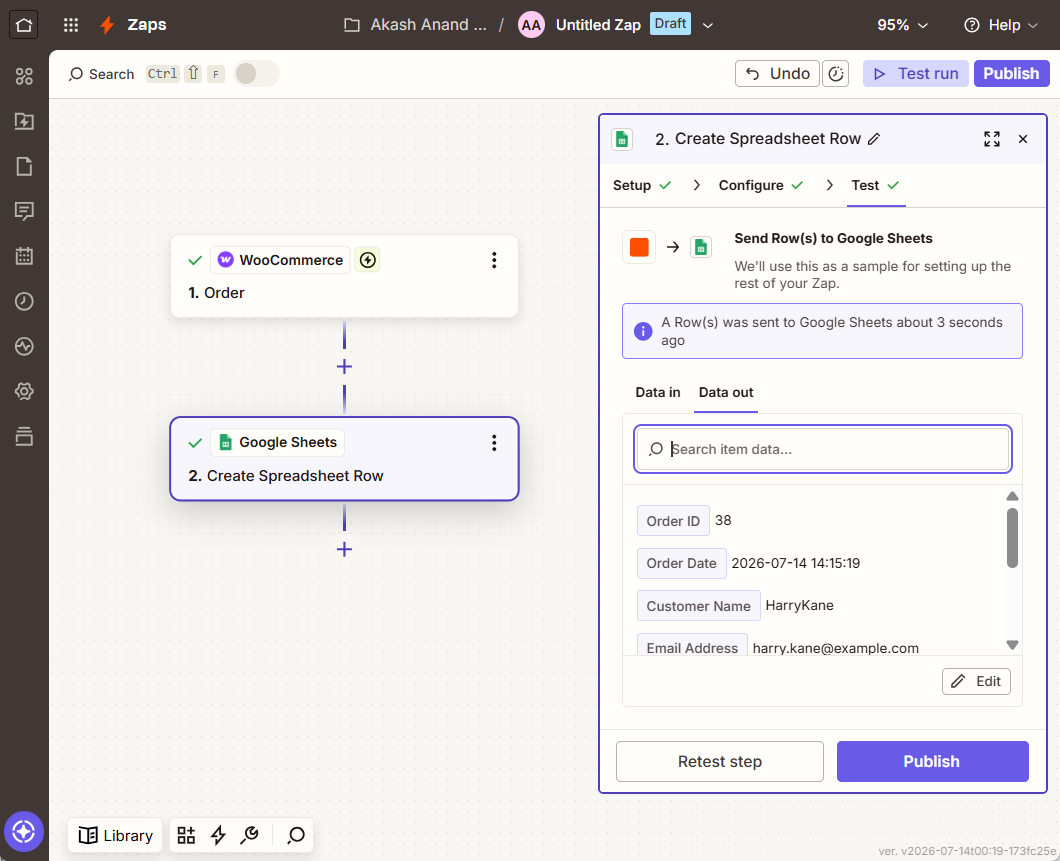 If the row looks right, hit Publish. Then run a real test on the storefront: open a product page, add it to the cart, go through checkout, and place a live order. 