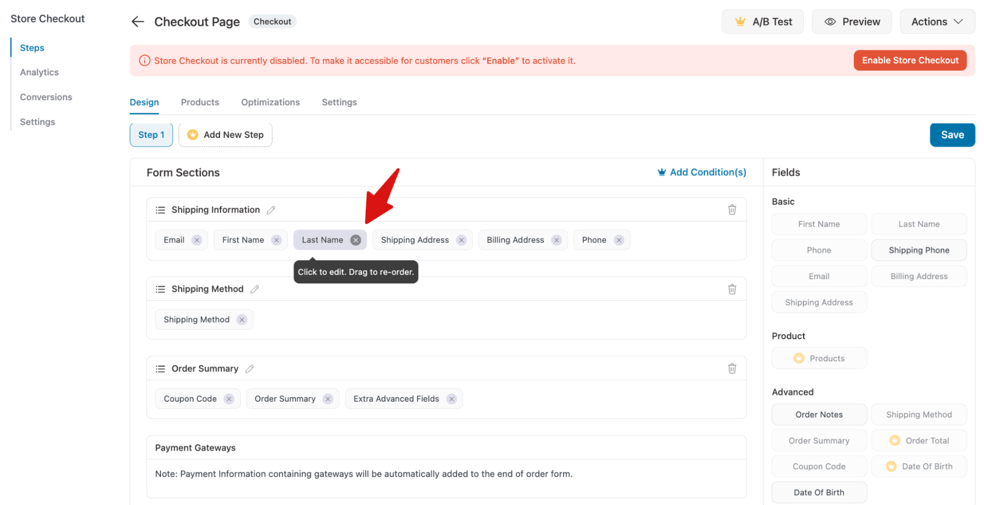 reorder checkout fields or delete if needed