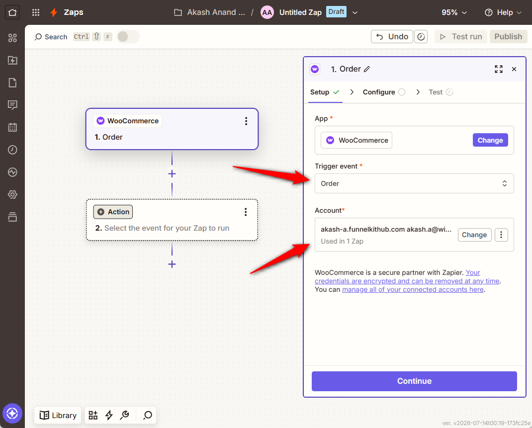 In the trigger step, search for WooCommerce and select it. Pick the trigger you want. Next, connect your store by entering your site address starting with https, your WordPress administrator username, and your password. 