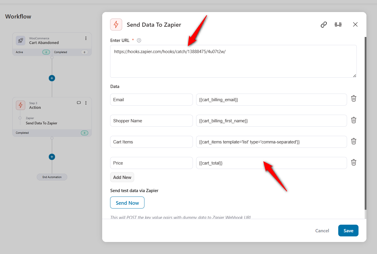 Choose a trigger such as Order Created, Cart Abandoned, or Form Submitted. Add the Send Data to Zapier action, paste your Catch Hook URL, and pick the fields to send: contact email, cart items, order total, whatever the receiving app needs. 