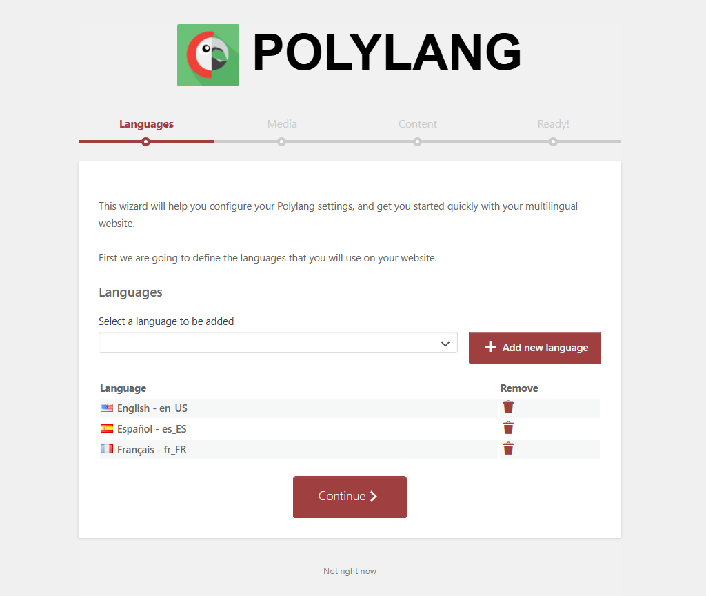 Install and activate Polylang from the WordPress plugin directory. Add Spanish and French language