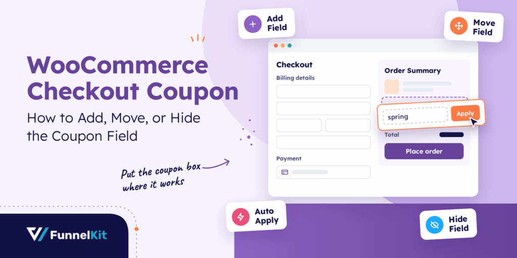 WooCommerce checkout coupon banner showing a coupon field being moved within a checkout page