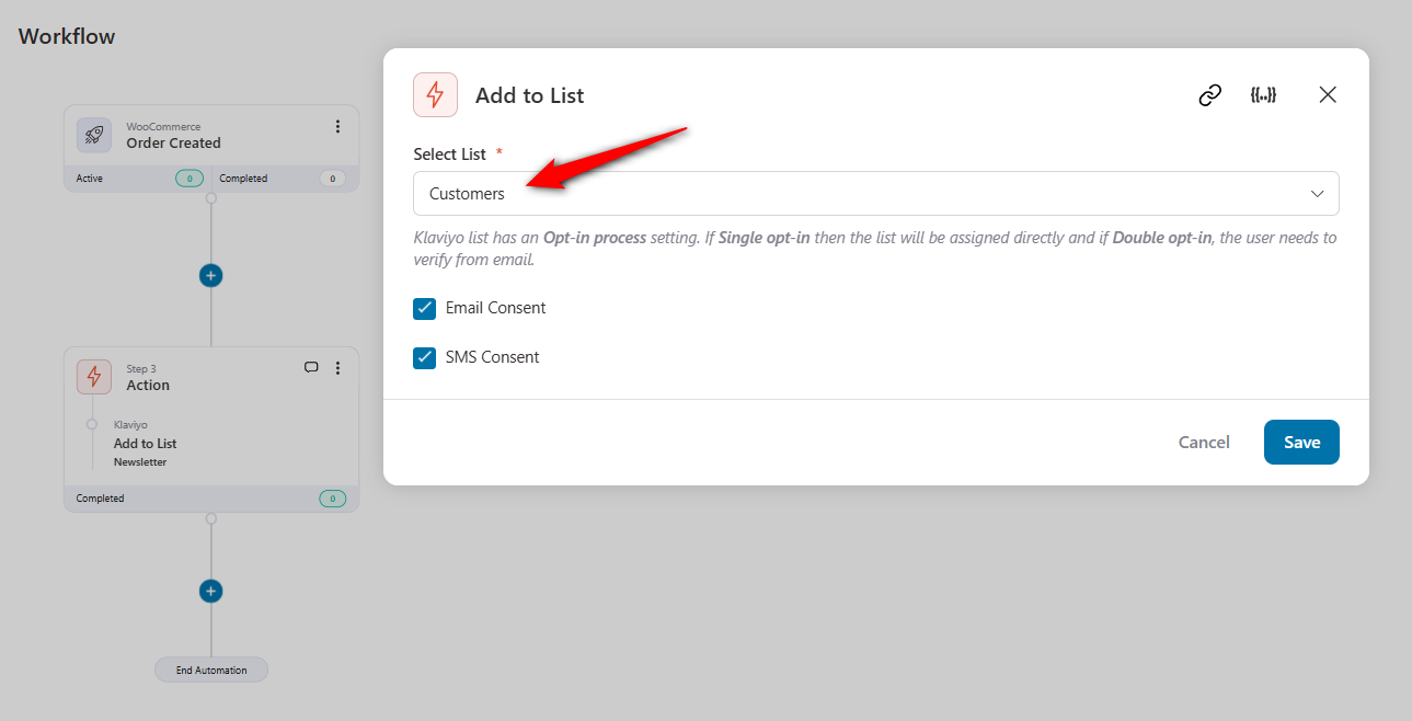 select the klaviyo list to send your woocommerce customers