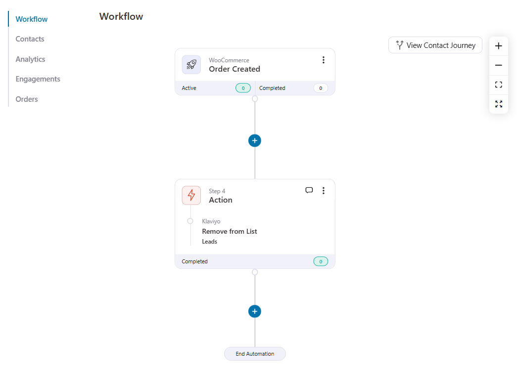 Trigger on Order Created, then stack two Klaviyo actions: ‘Remove from List’ to pull the contact off your prospects list, and ‘Add to List’ to place them on your customers list.