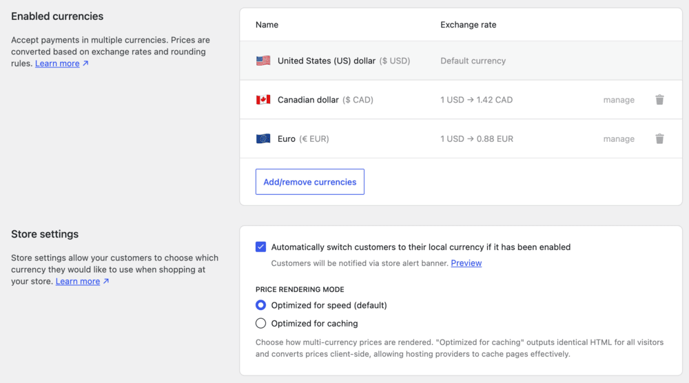 To set it up, go to Payments ⇨ Settings ⇨ Advanced settings and add the currencies you want under Add or remove currencies.