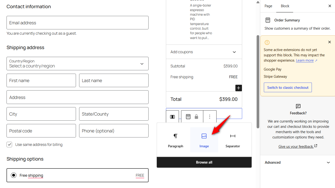 Click the + (block inserter) and add an Image block for a single badge, or a Gallery block for a row of payment logos.