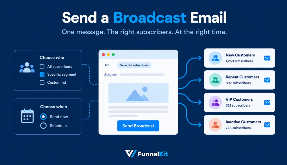 A broadcast email is one message sent to a group of subscribers at the same time. You choose who gets it and when it goes out.
