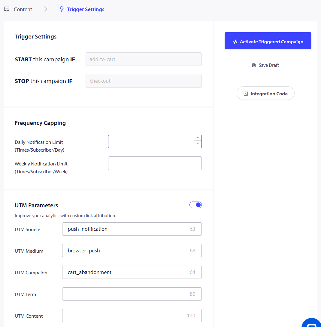 Next, set a frequency limit so someone doesn't receive a stream of notifications just because they browsed a few products. Add UTM parameters to your links as well. That makes it much easier to see which push campaigns are actually driving visits and sales in your analytics.