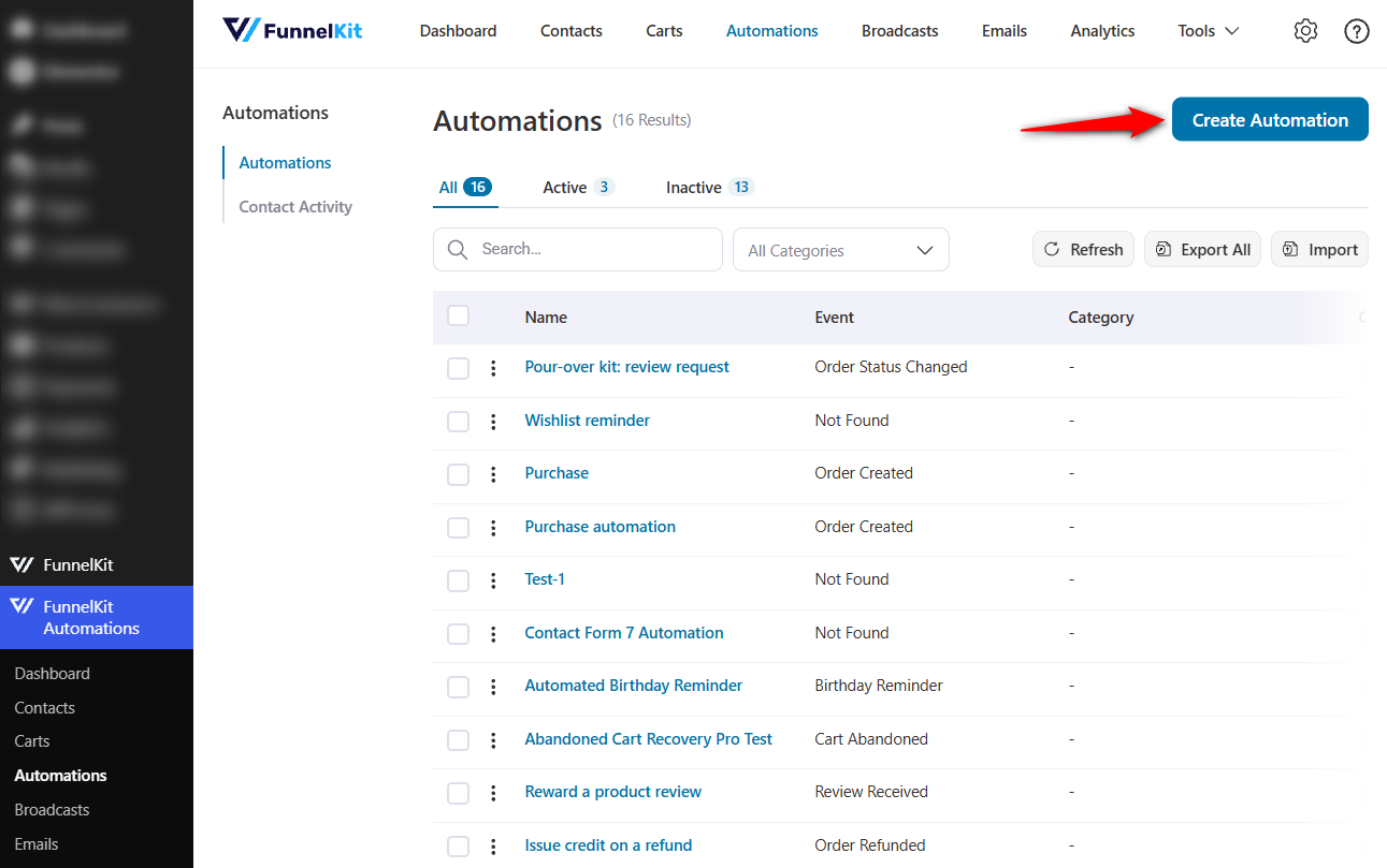 Go to FunnelKit Automations ⇨ Automations, click 'Create New Automation'.