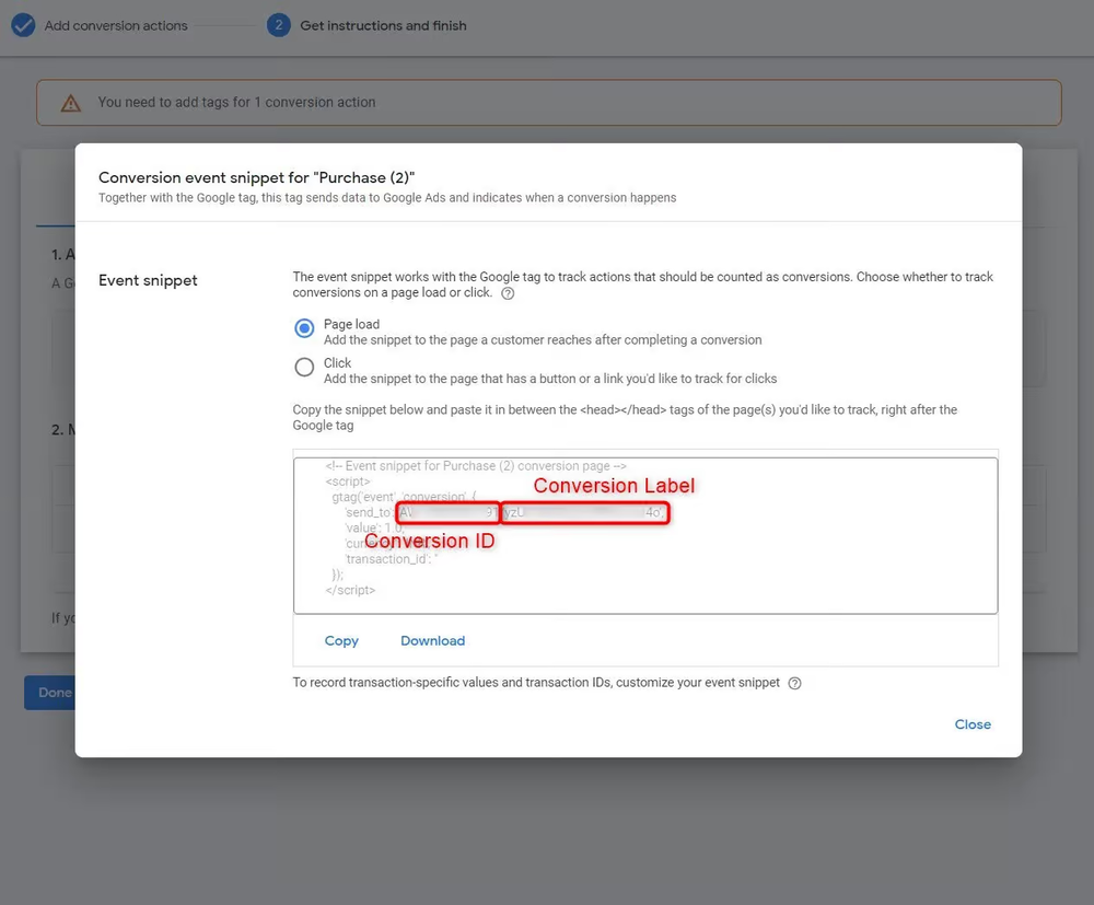 Copy your Google Ads conversion ID and conversion label