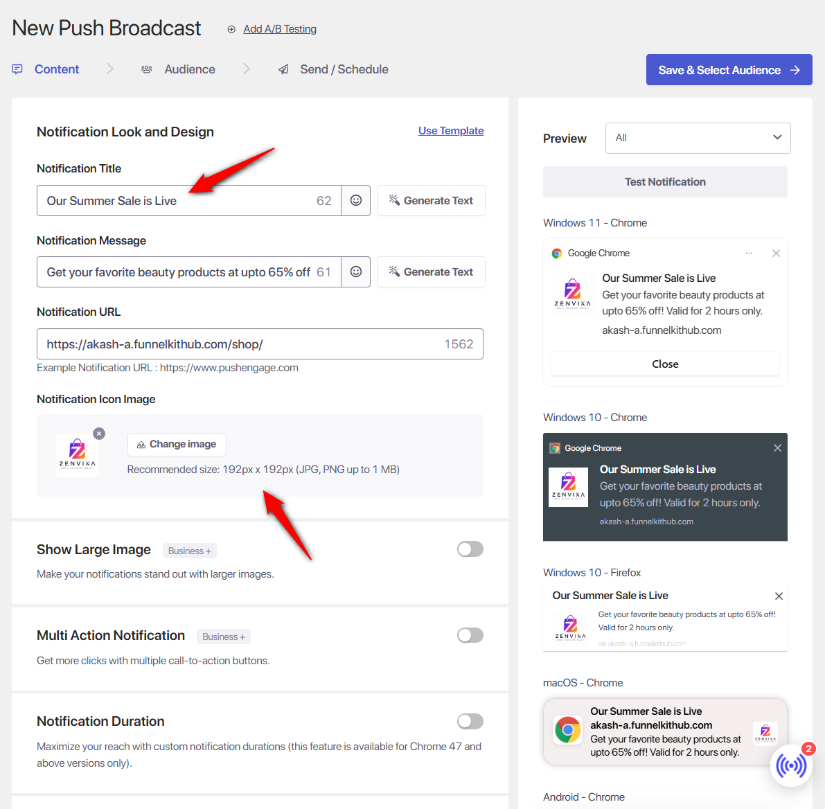 Broadcasts are one-off messages that you send when you have something specific to announce, such as a new product, flash sale, or restock. From the PushEngage dashboard, choose 'New Broadcast' and add your title, message, image, and destination URL.