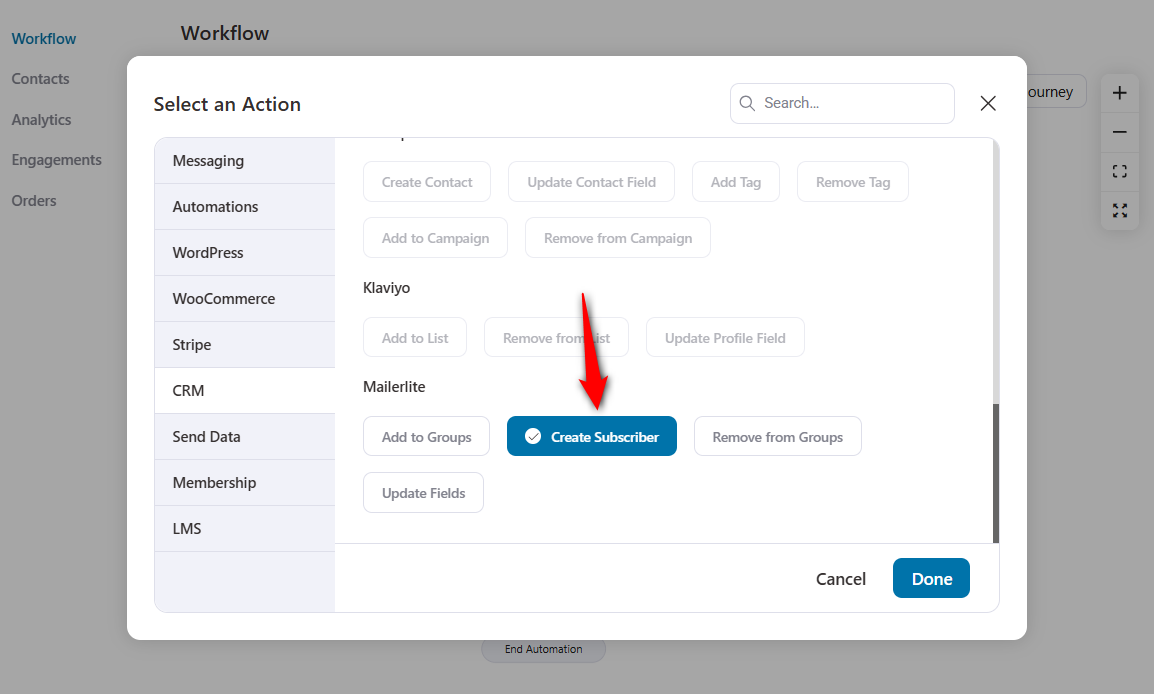 Select 'Create Subscriber' action under MailerLite.