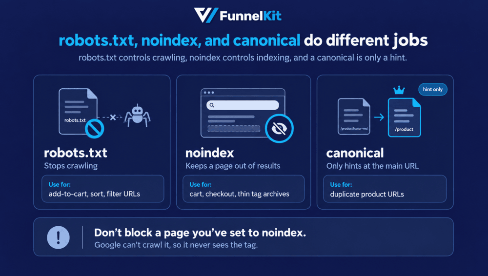 noindex controls whether a page can appear in search. robots.txt controls whether crawlers can access a URL