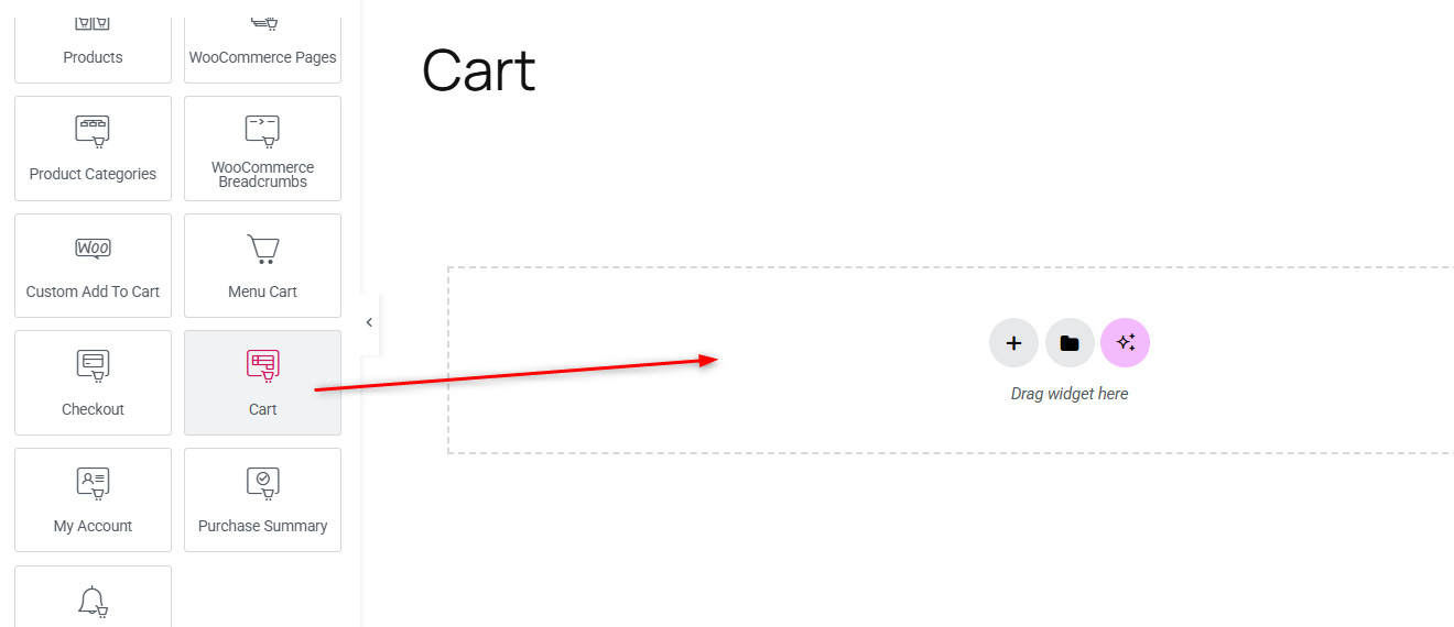 Search the widget panel for "Cart" and drag the Cart widget onto the page.