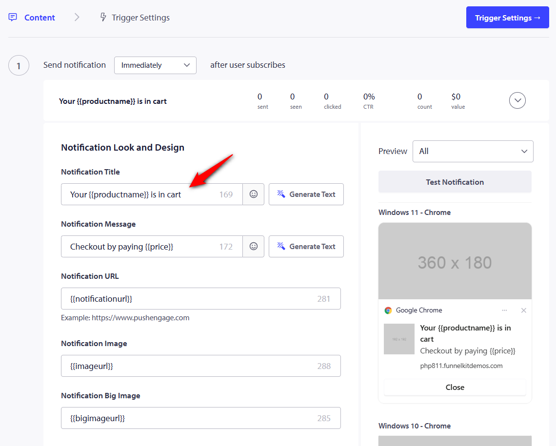 Give the campaign a name, write the notification, and send shoppers back to the cart when they click. Use dynamic values or merge tags for things such as the product name and image, so you don't have to create a separate notification for every product.

