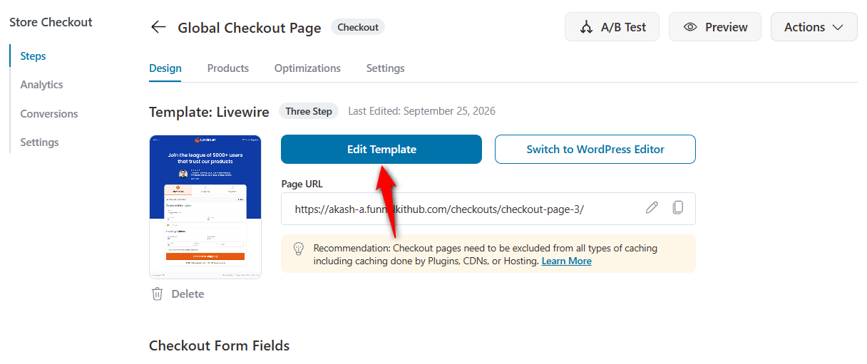 click on the Edit Template button to customize the checkout page.