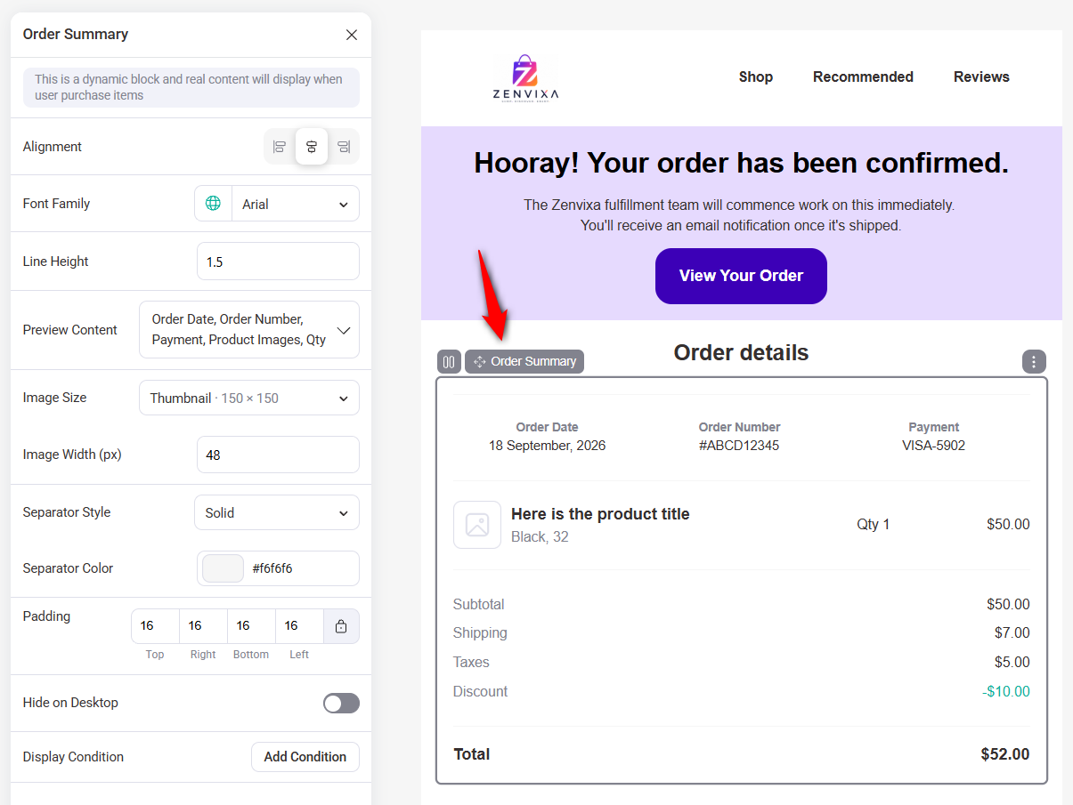 Keep the order summary block so customers can see what they purchased and check the refund against it. You can also choose whether to display product images and quantities.