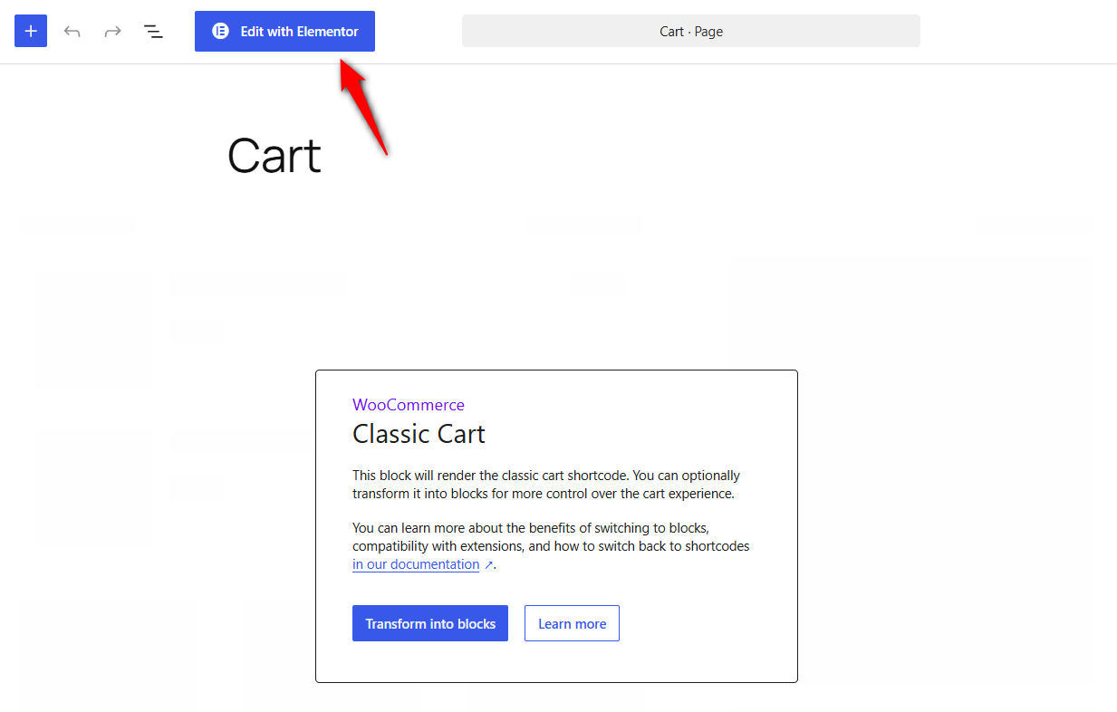 Go to Pages ⇨ All Pages, hover over Cart, and click Edit with Elementor.