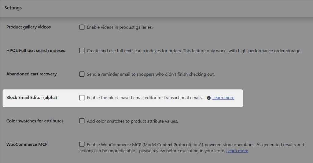 WooCommerce is also working on a block-based email editor. You can enable it as Block Email Editor (alpha) under WooCommerce ⇨ Settings ⇨ Advanced ⇨ Features.