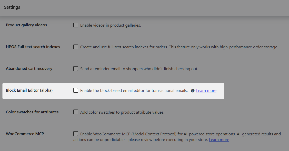 Then there's the Block Email Editor, which is the bigger change. It's still marked as alpha on the same settings screen.