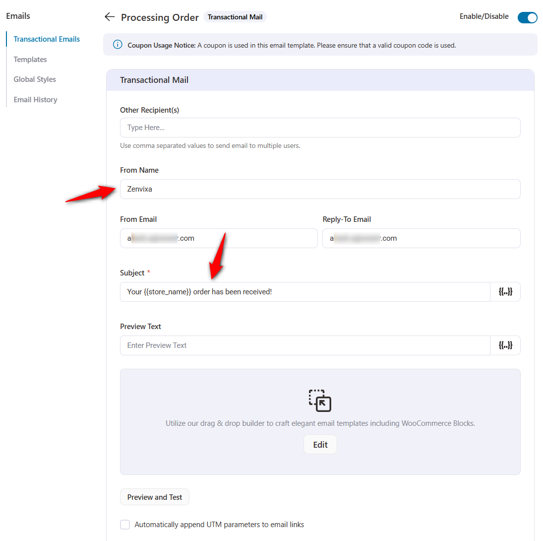 Enter the from name, from email, and reply-to email address here. Next, write your subject line and preview text.