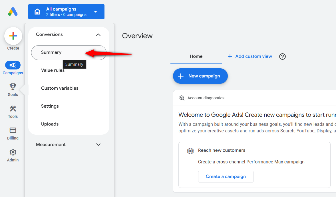 Click on Conversions Summary under the Goals section