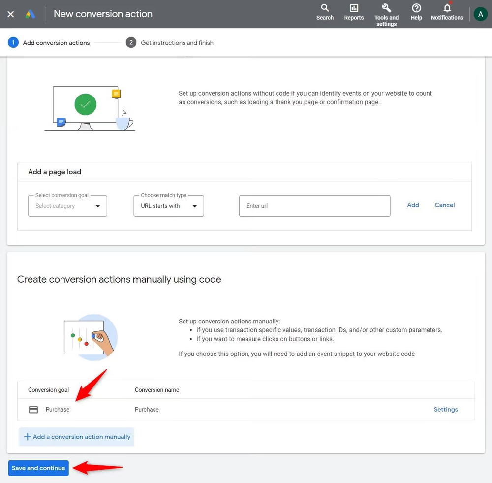 Purchase conversion action successfully created