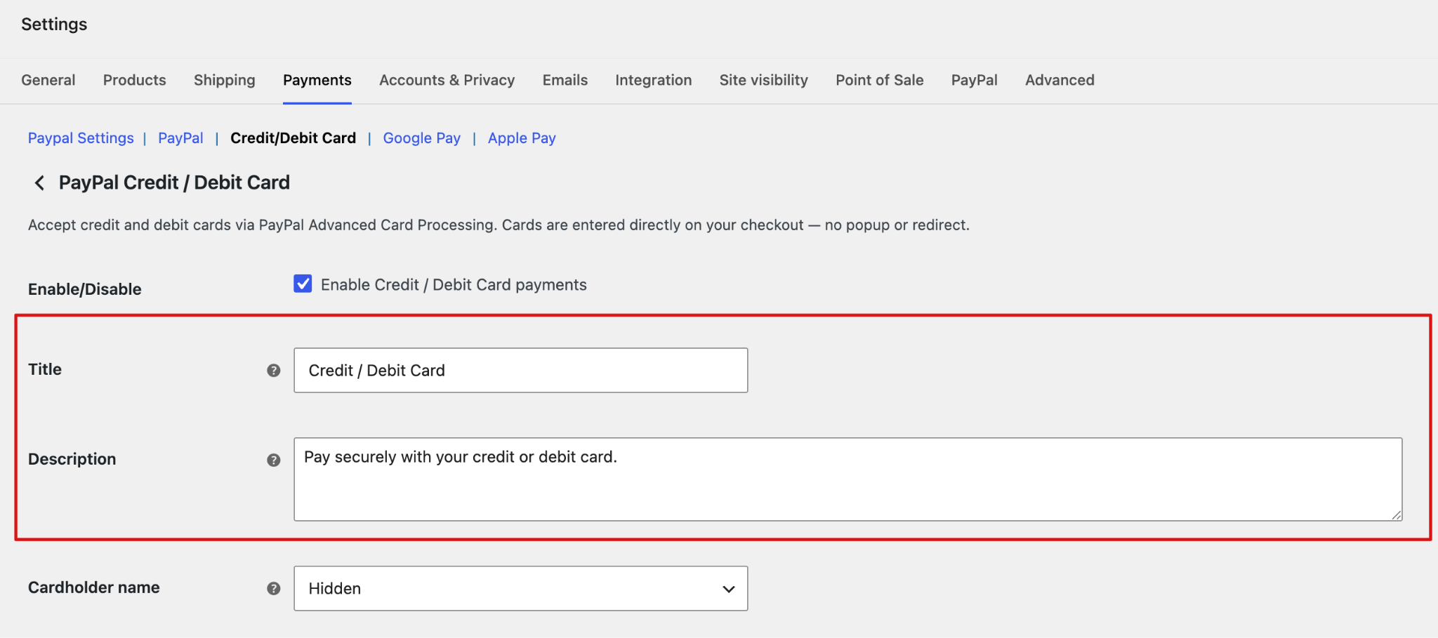 PayPal credit and debit card payment method title and description settings