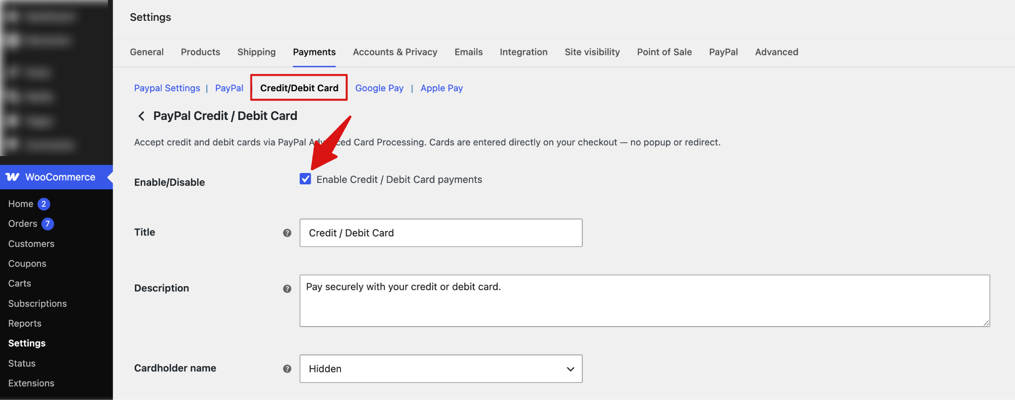 PayPal Advanced Card Processing credit and debit card settings