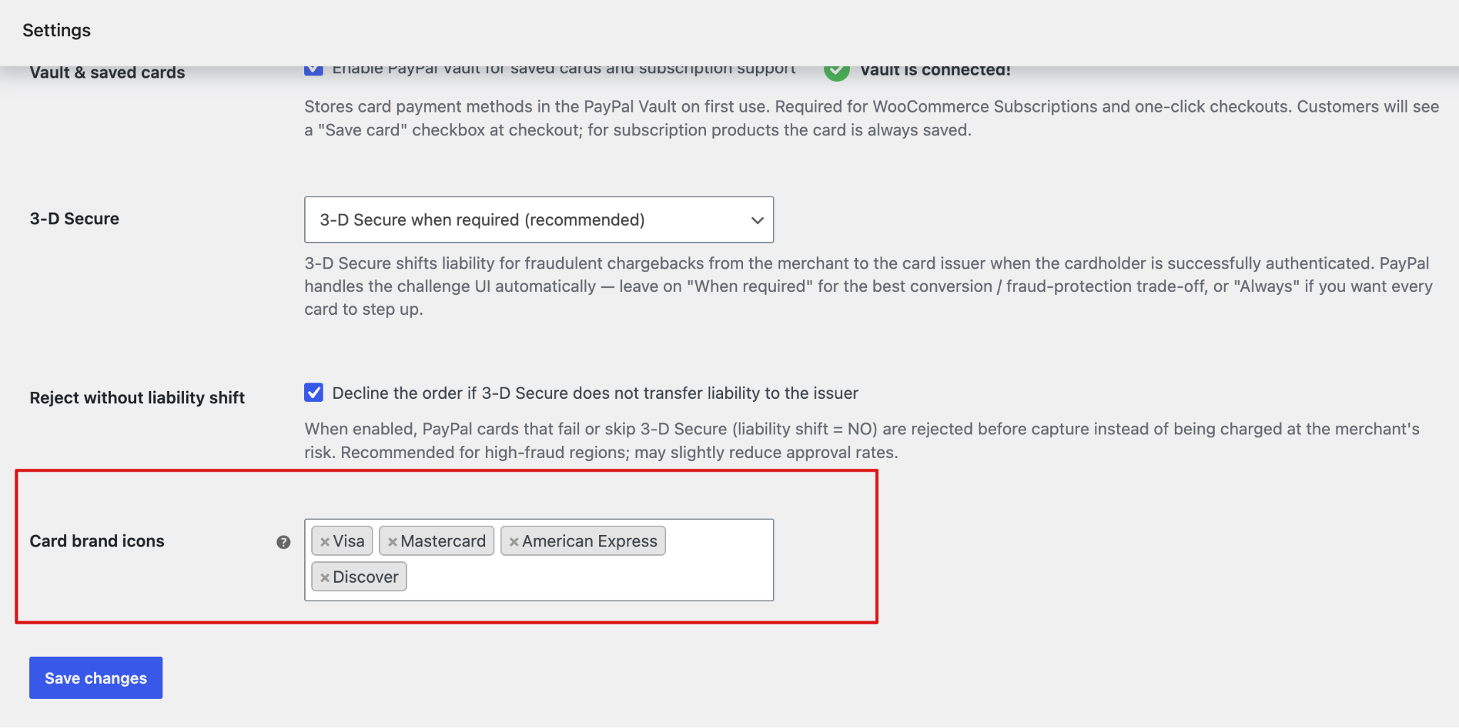 PayPal credit and debit card brand icons settings