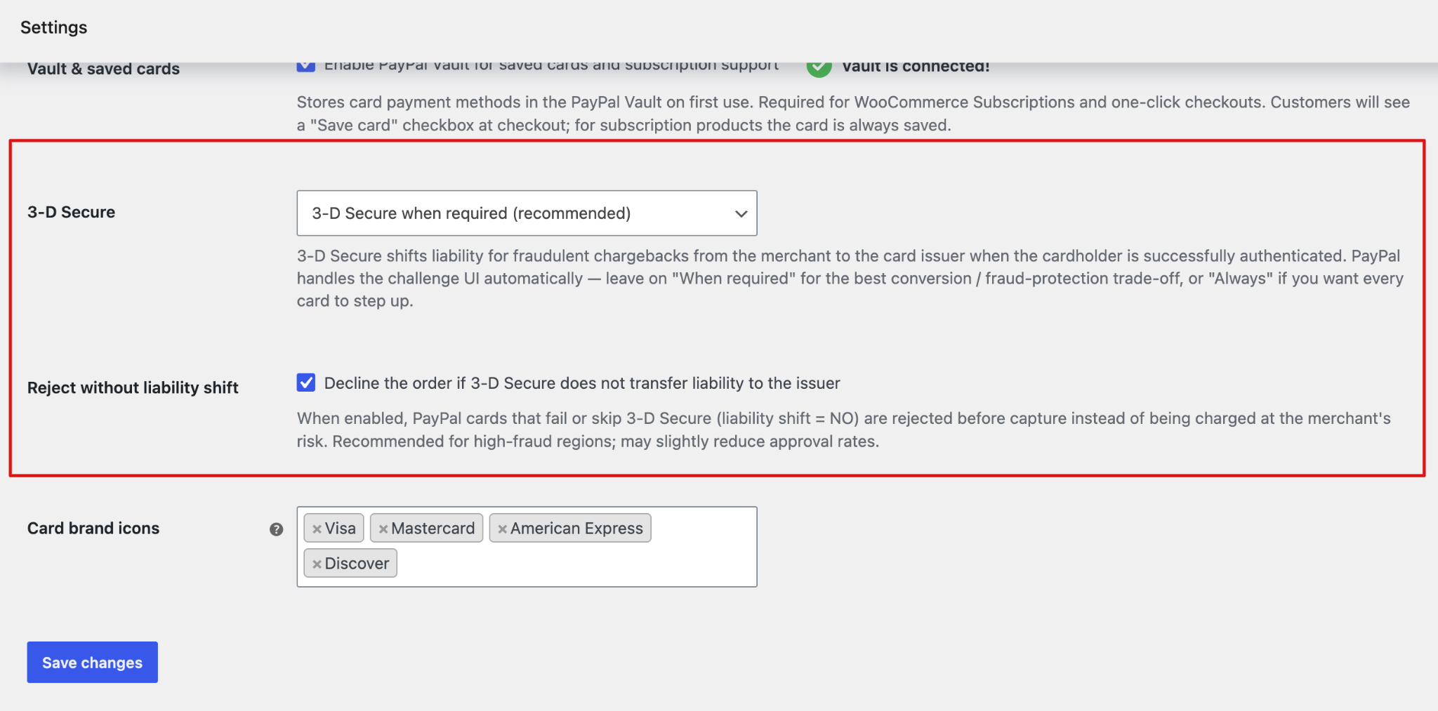 PayPal 3-D Secure authentication and liability shift settings