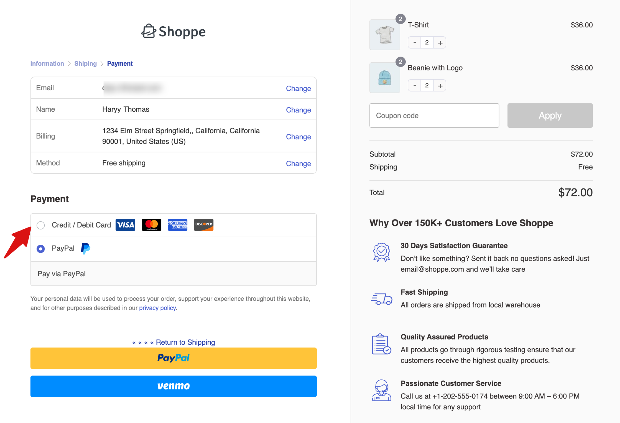 PayPal credit and debit card payment option at checkout