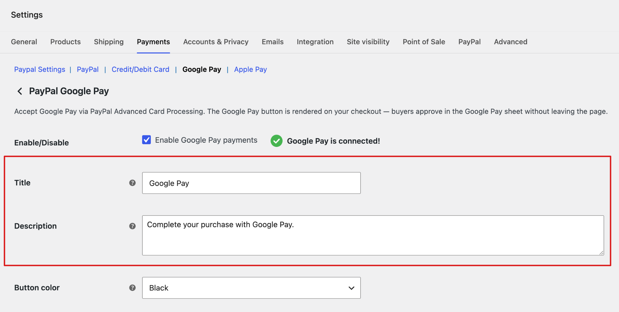PayPal Google Pay title and description settings