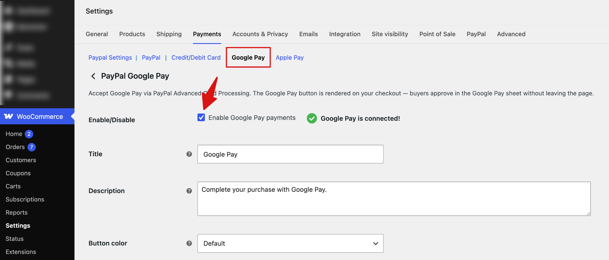 PayPal Google Pay settings