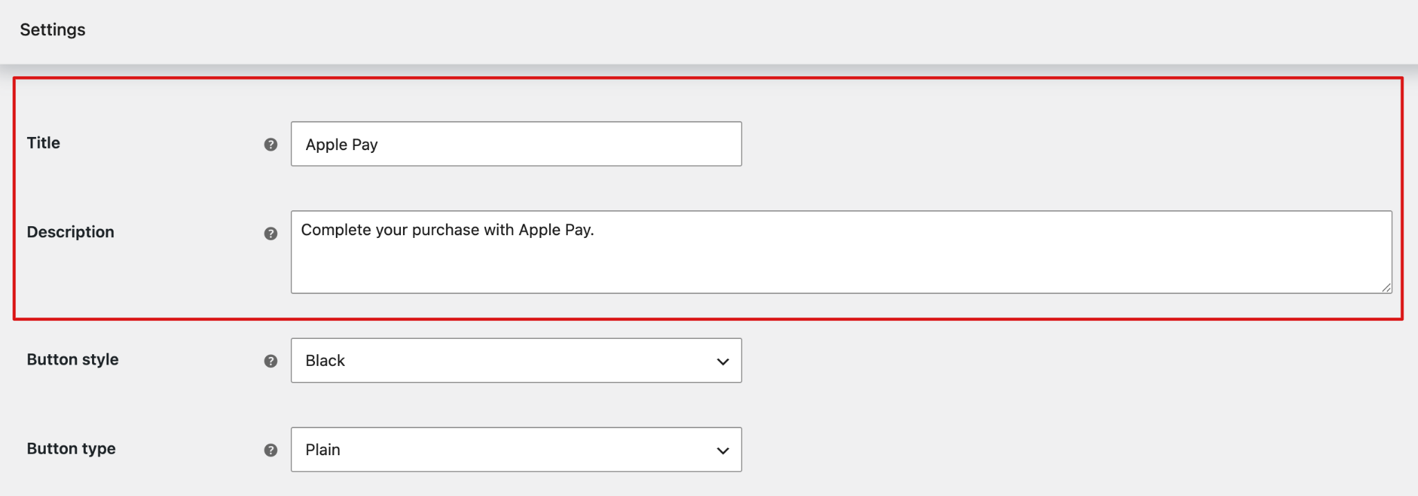 Apple Pay payment method title and description settings