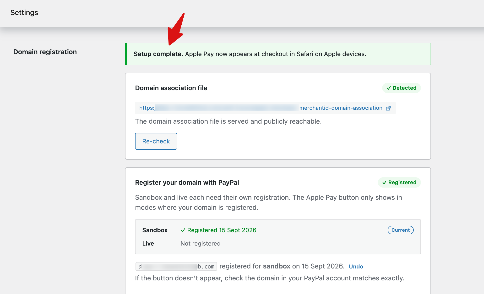 Apple Pay domain registration successful message