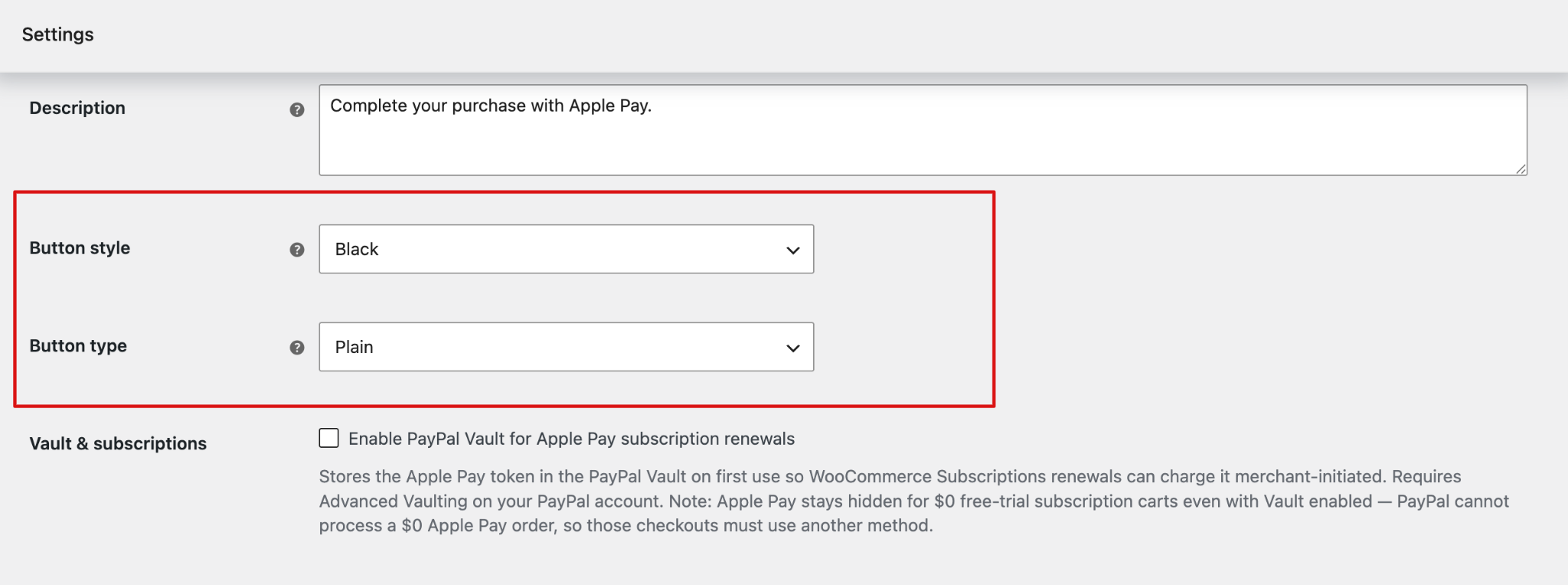 Apple Pay button style and type settings