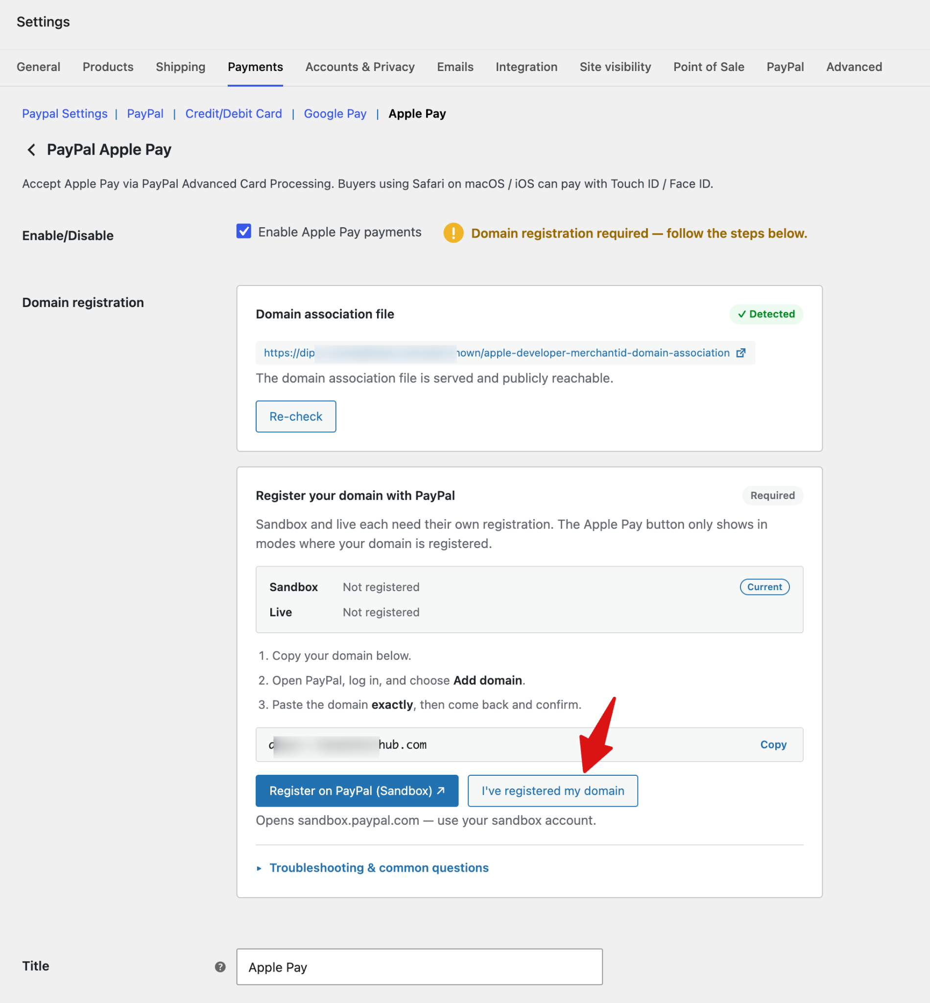 PayPal domain registration for Apple Pay