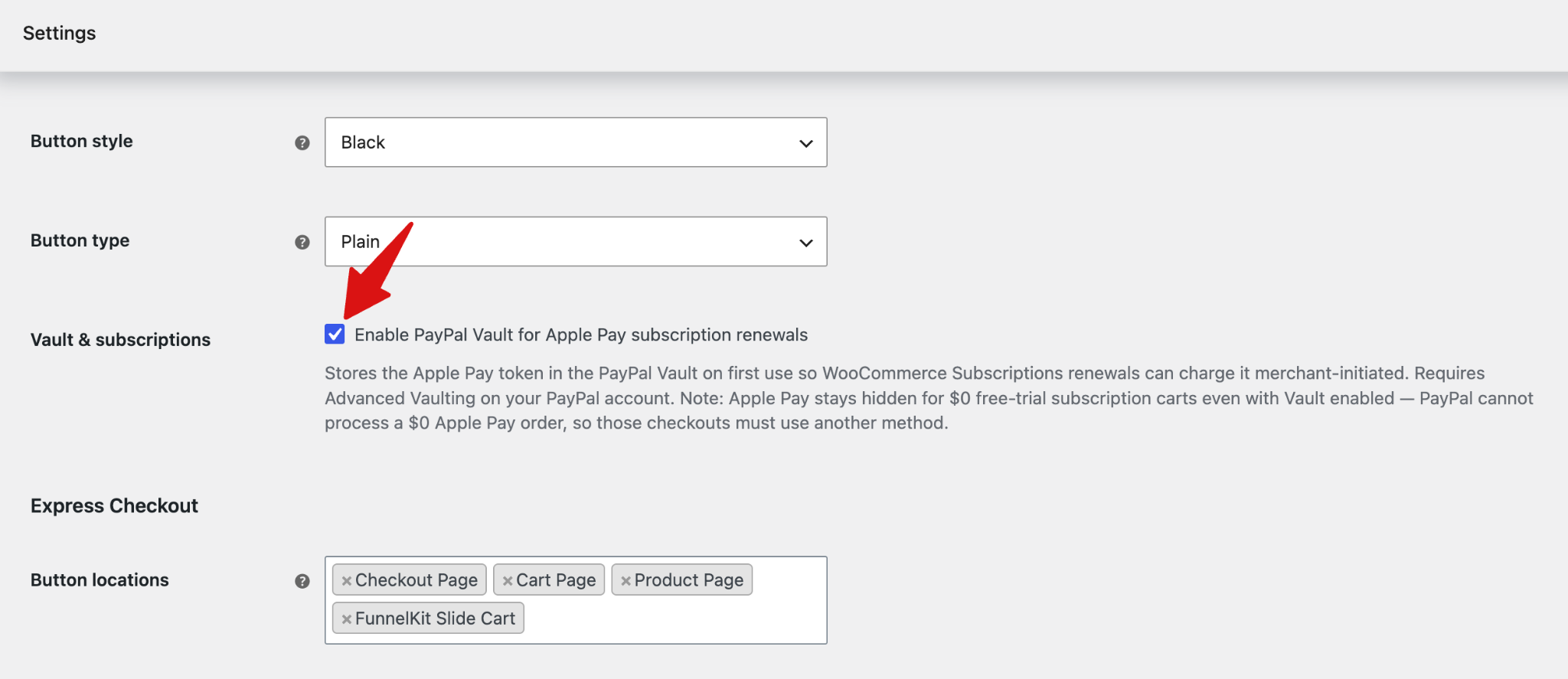 PayPal Vault settings for Apple Pay subscriptions