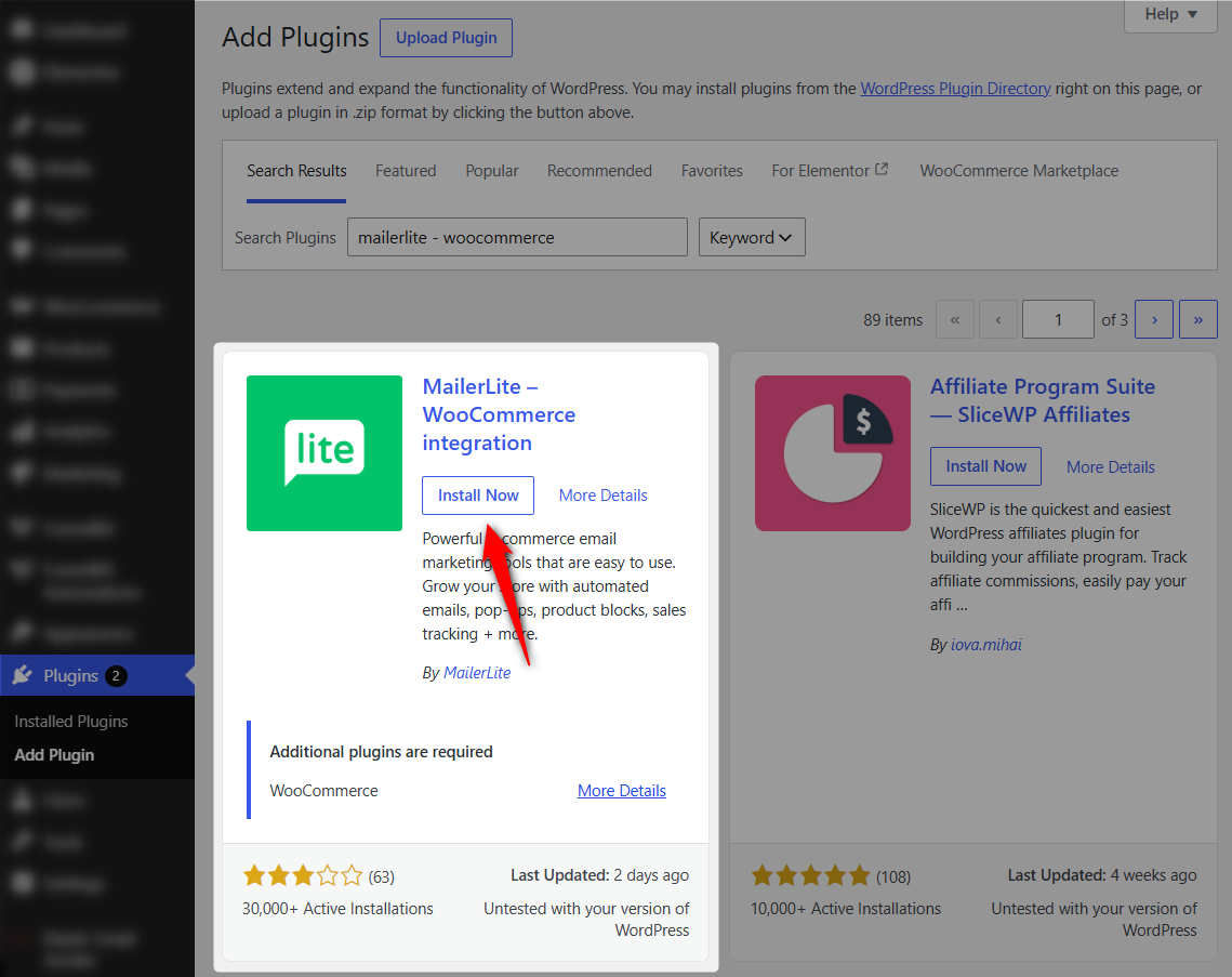 MailerLite - WooCommerce integration plugin, click Install Now, then Activate.