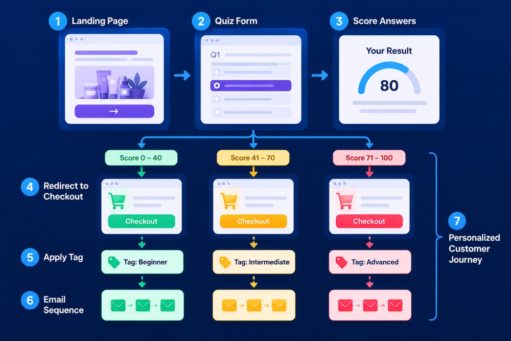 representation of quiz sales funnel in woocommerce and wordpress