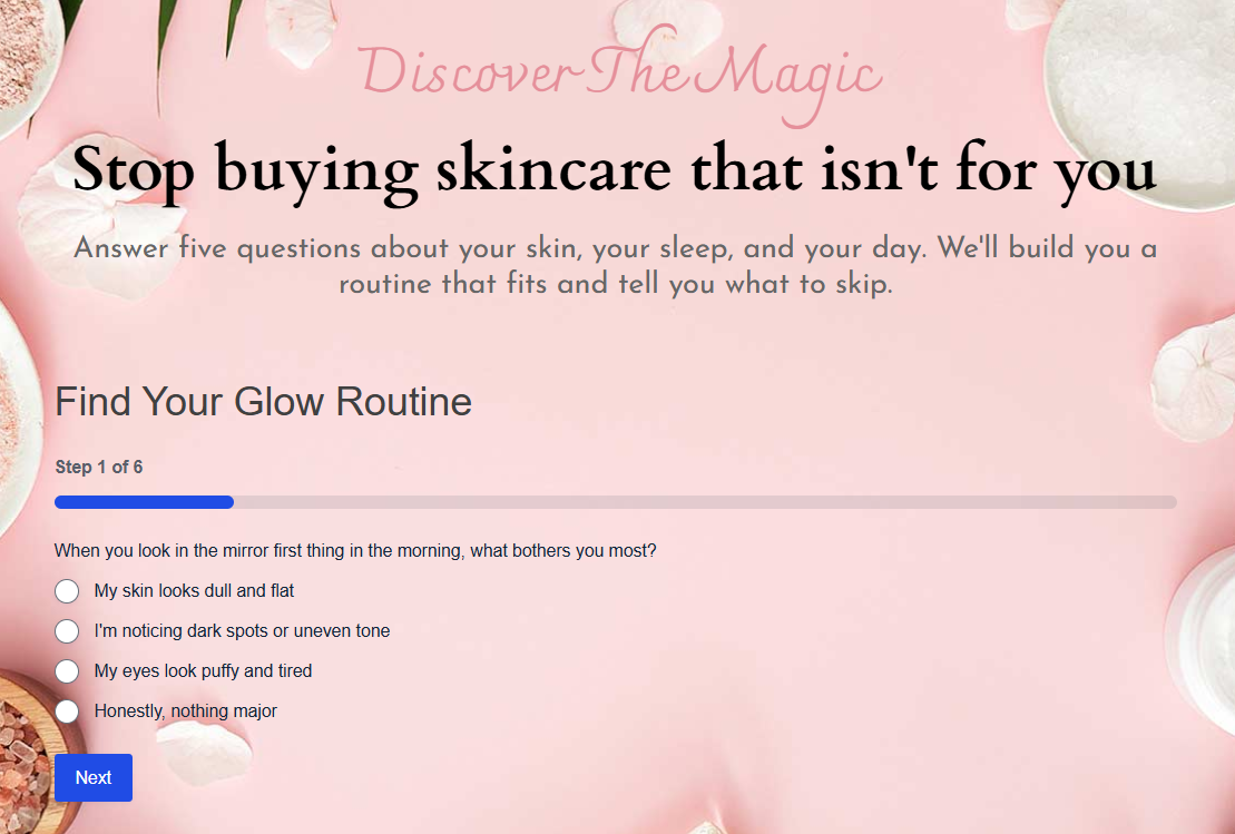 Answer the questions three times, deliberately steering to a different result each time. Preview of the quiz funnel page