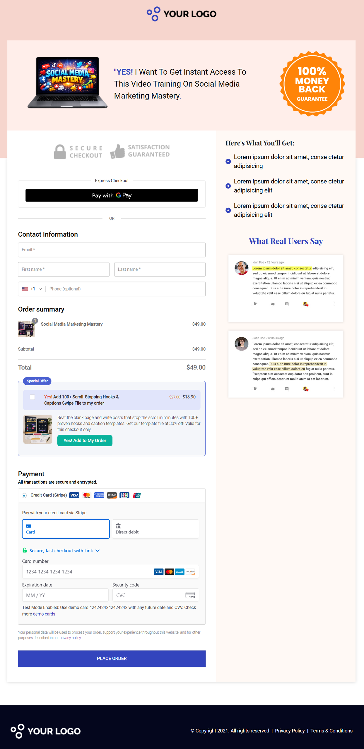 Build a checkout with express payment options and installment plans. You can also add order bumps and one-click upsells for relevant extras, such as a VIP intensive or a done-with-you audit.
