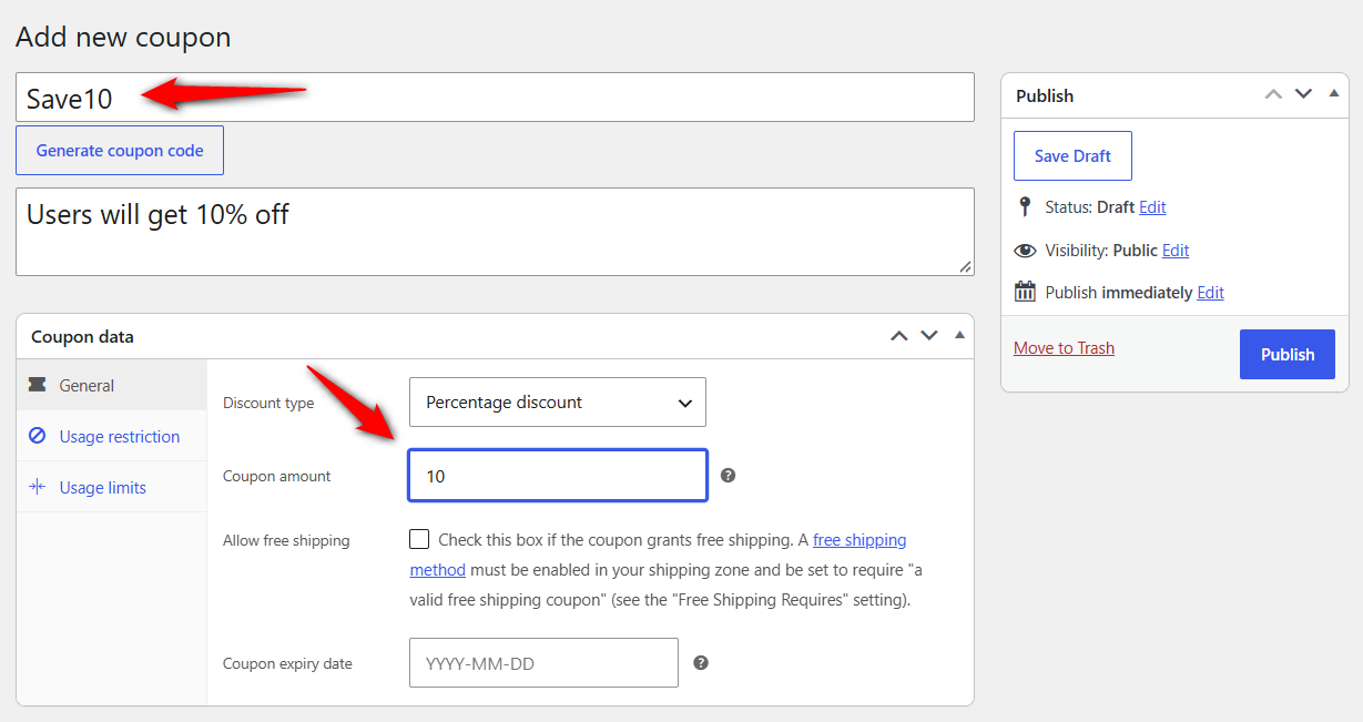 On the General tab, set Discount type to Percentage discount and Coupon amount to 10.