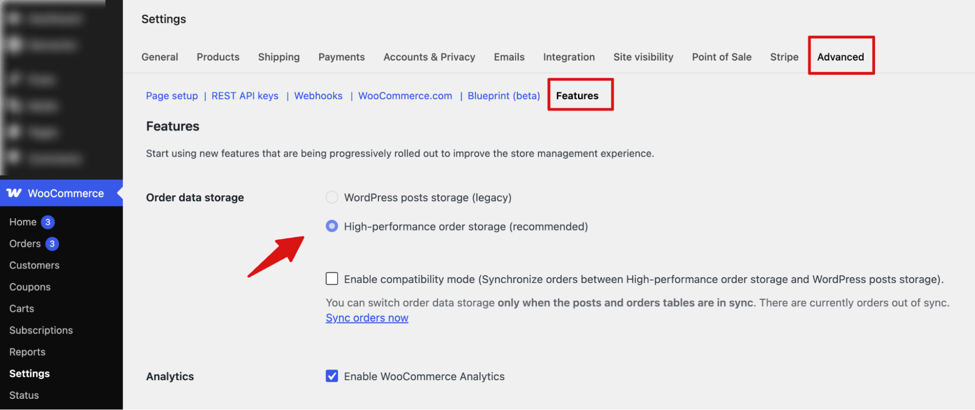 select a high performance order storage in WooCommerce settings