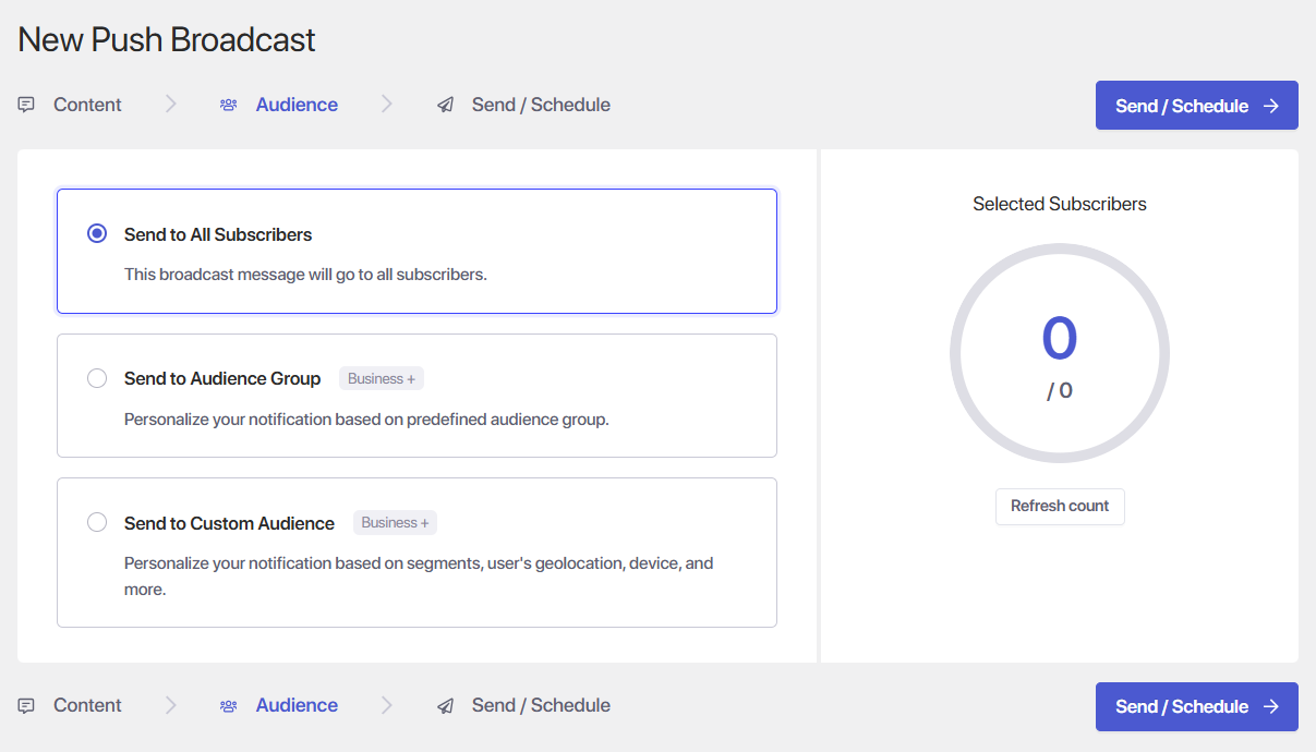 Before hitting send, look at your audience. You don't necessarily want to send every notification to every subscriber. If PushEngage lets you segment based on things such as pages viewed, products purchased, or previous campaign activity, use that information.