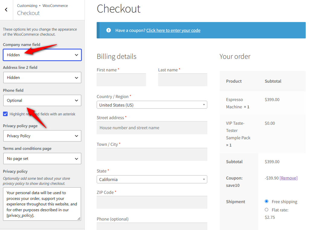 Go to Appearance ⇨ Customize ⇨ WooCommerce ⇨ Checkout. Set the Company name, Address line 2, and Phone field dropdowns to Hidden or Optional, then click Publish.